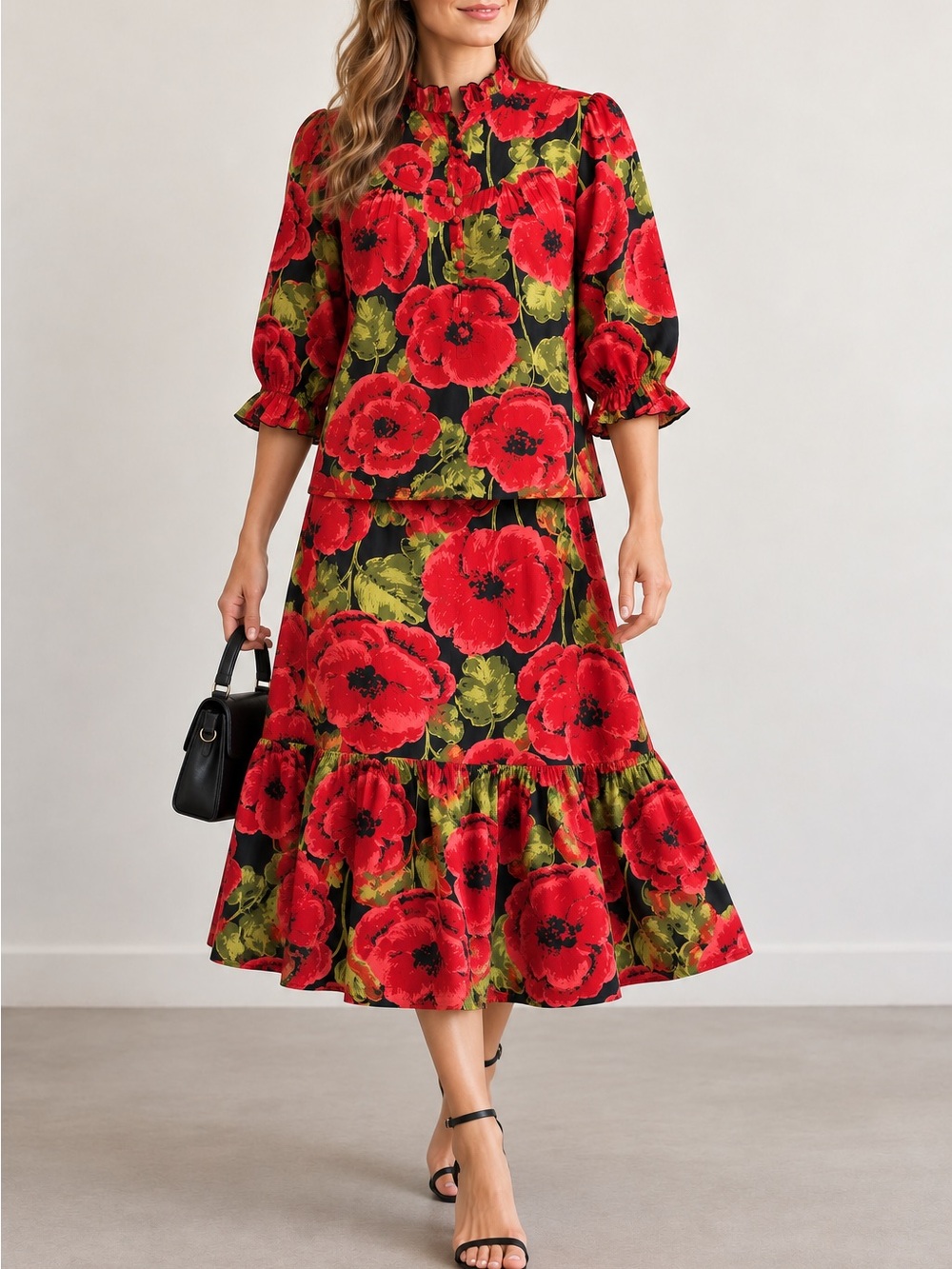 Flora Bea NYC Red Poppy Floral Blouse Midi Skirt 2 Piece Set L/XL Cotton